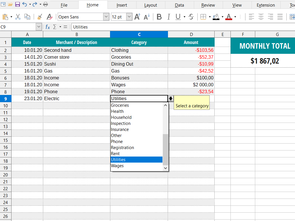 LibreOffice Calc 电子表格界面截图，单元格下拉选择分类