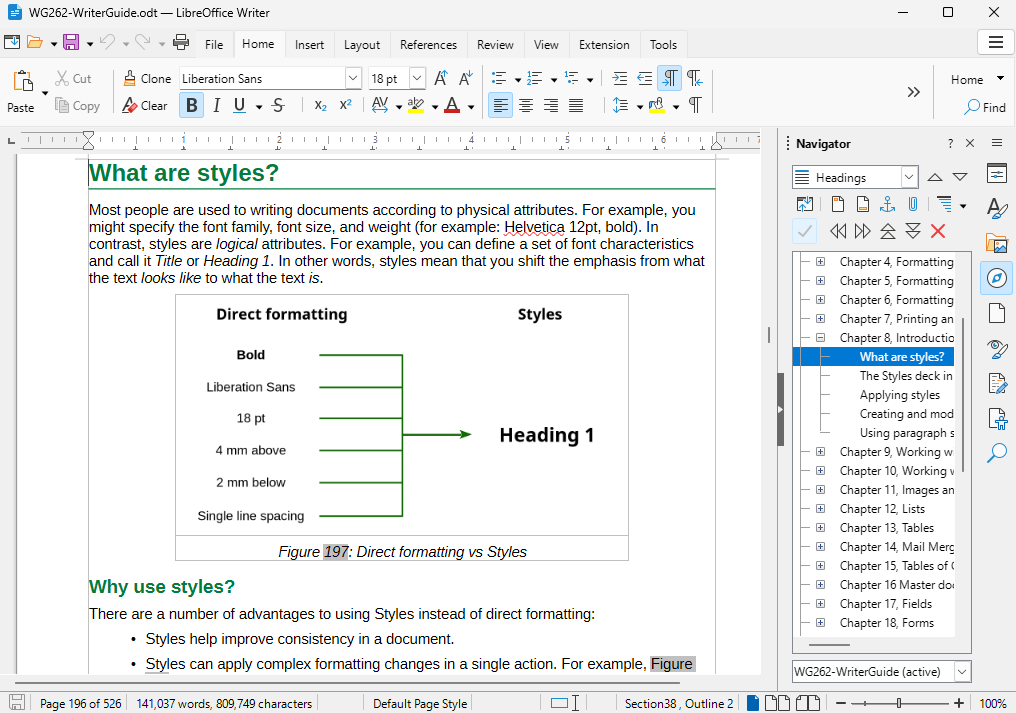 LibreOffice Writer 文字处理界面截图，右侧打开导航窗格